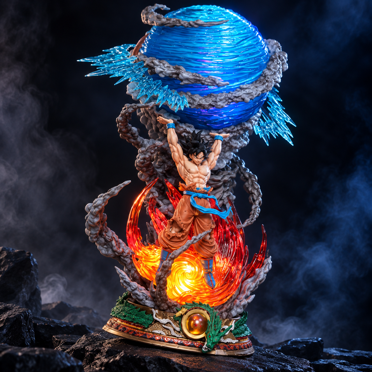 Son Goku Spirit Bomb statue hero view with giant blue energy sphere