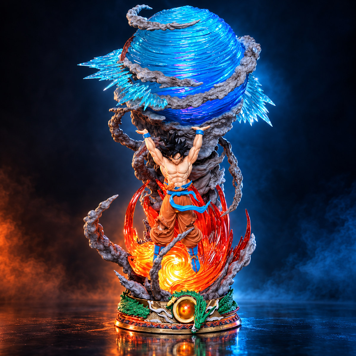 Son Goku Spirit Bomb statue alternate angle with fiery energy effects