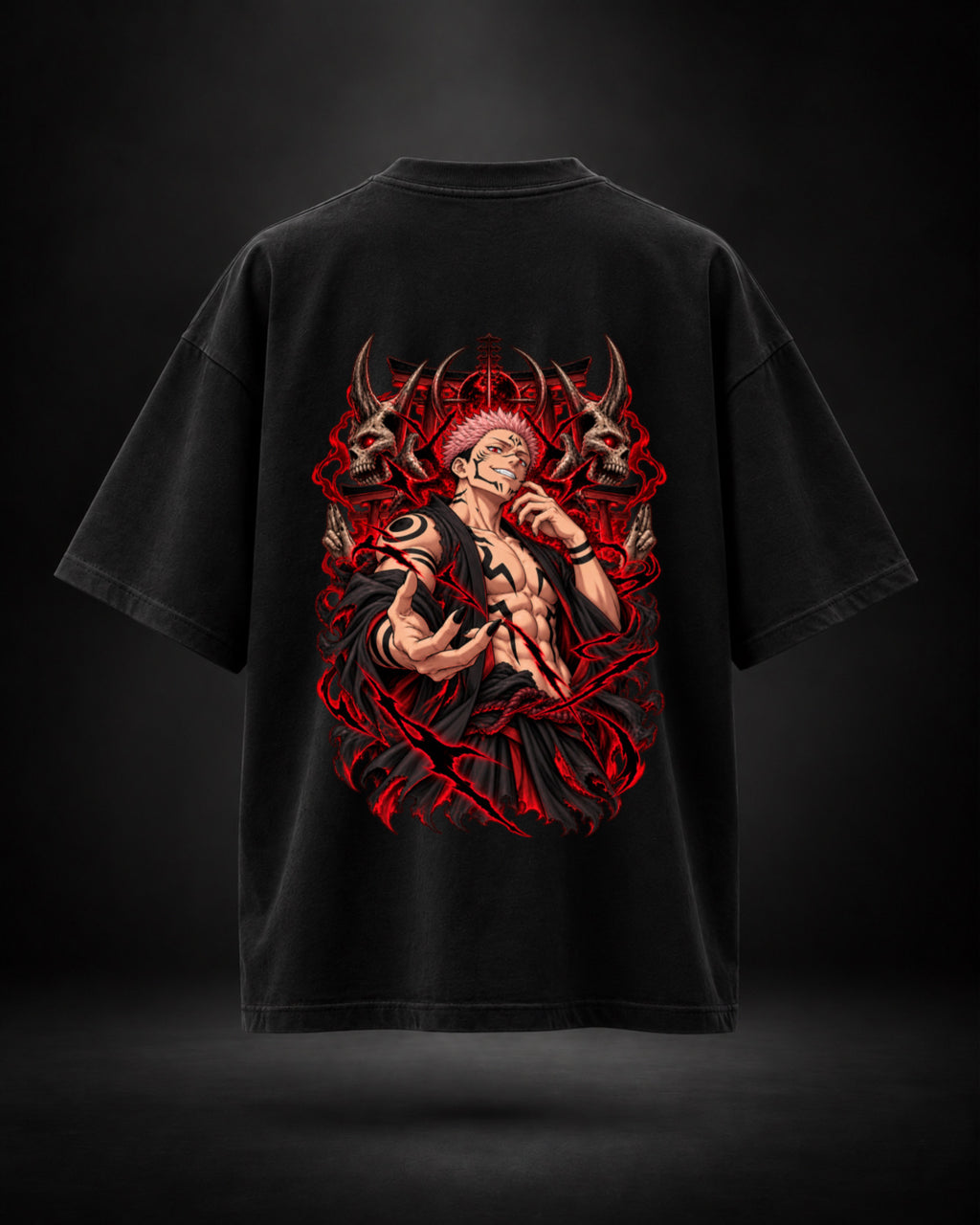 Trendy Fuze Sukuna oversized black T-shirt - large red cursed back graphic