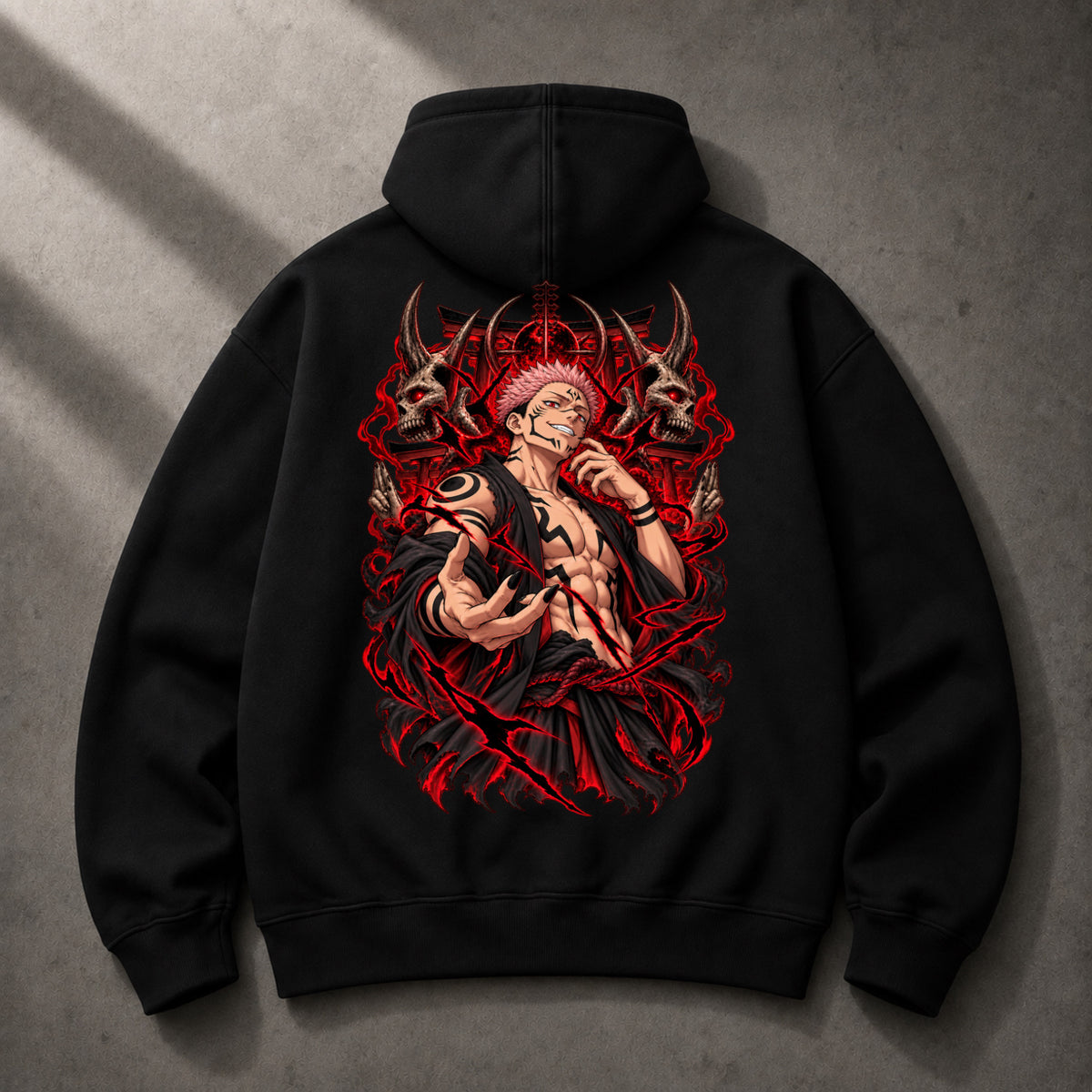 Sukuna inspired black oversized hoodie back graphic in red