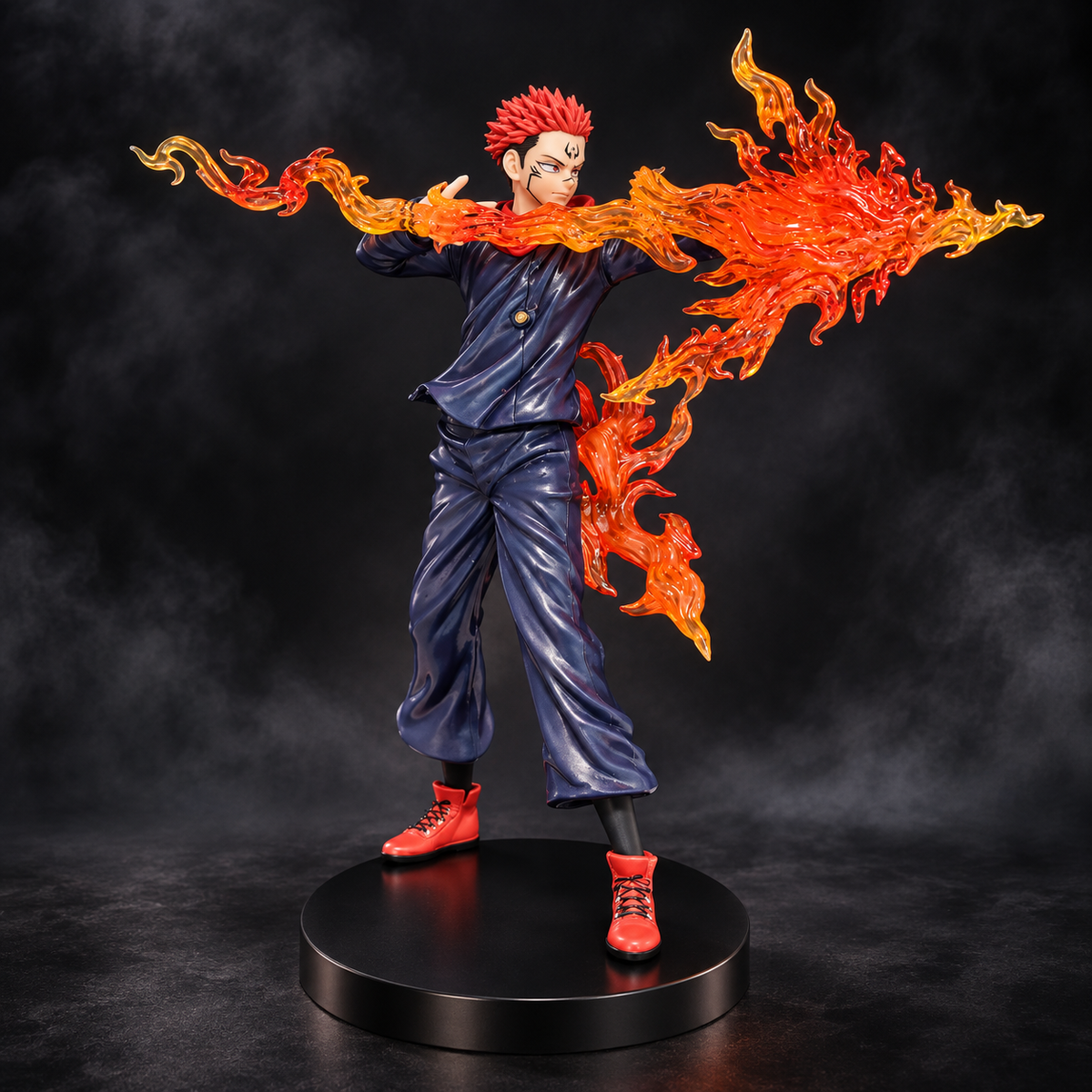 Sukuna flame arrow action figure front view on dark background