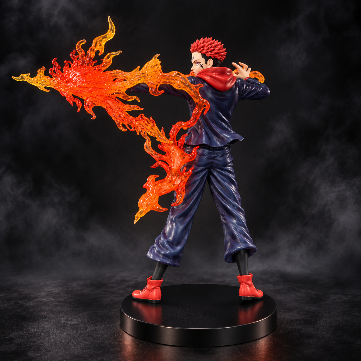 Sukuna flame arrow action figure rear view on dark background