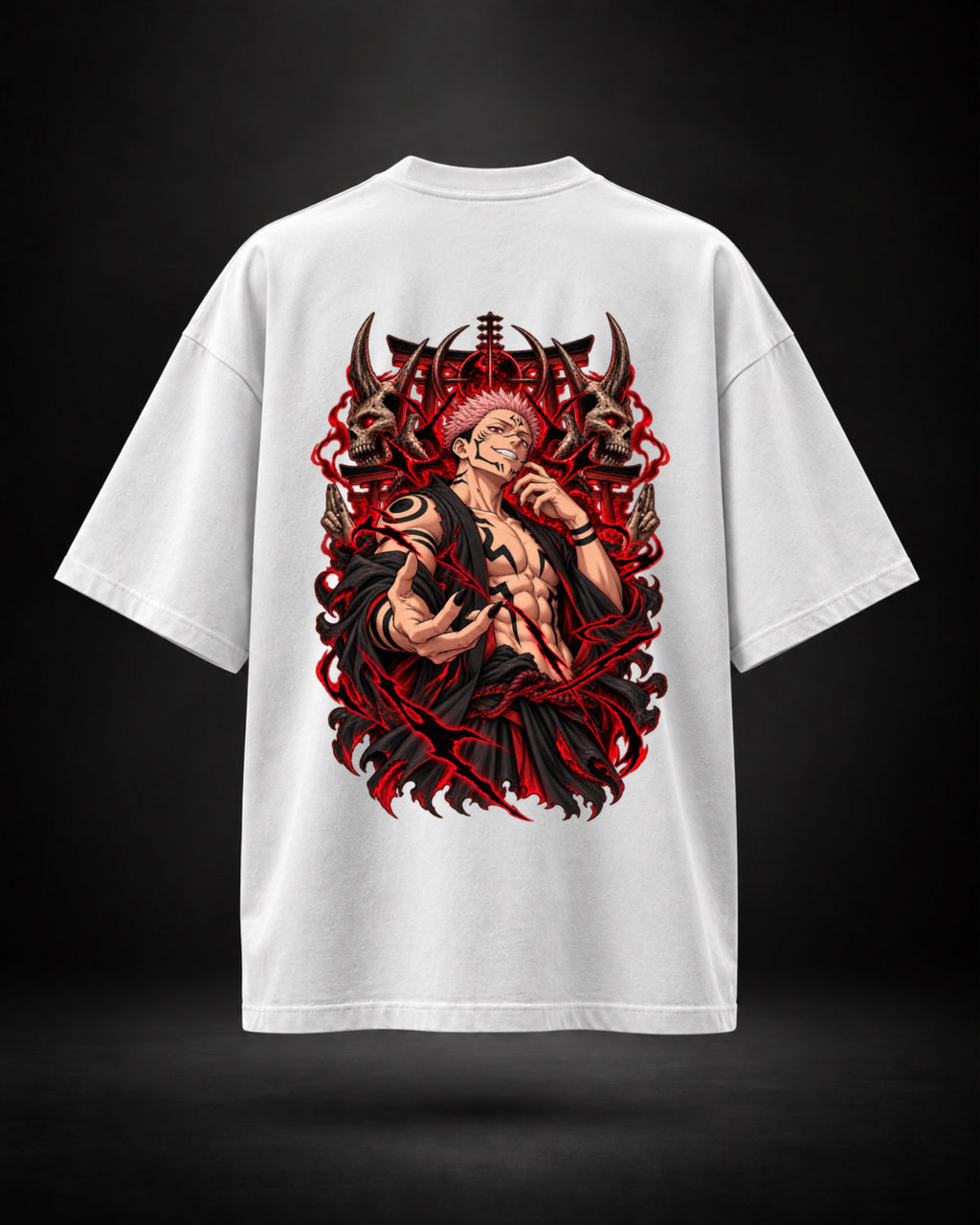Trendy Fuze Sukuna oversized white T-shirt - large red and black back graphic