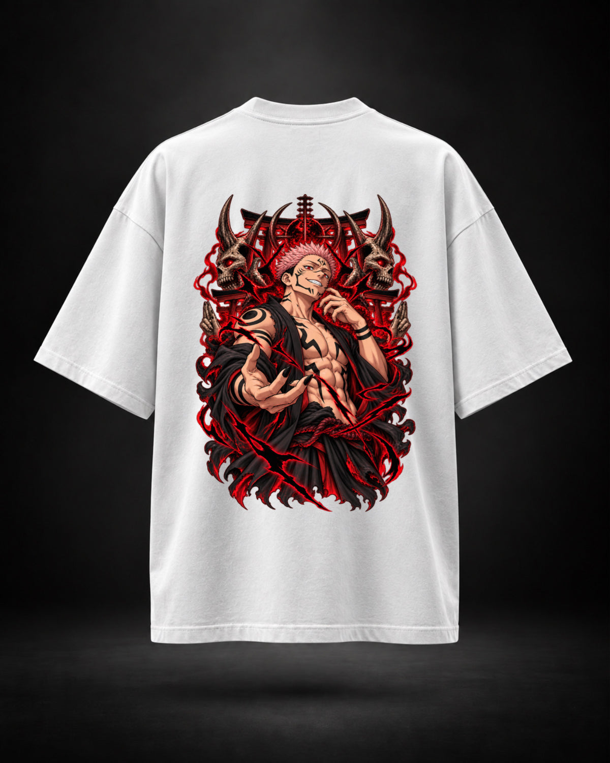 Trendy Fuze Sukuna oversized white T-shirt - large red and black back graphic