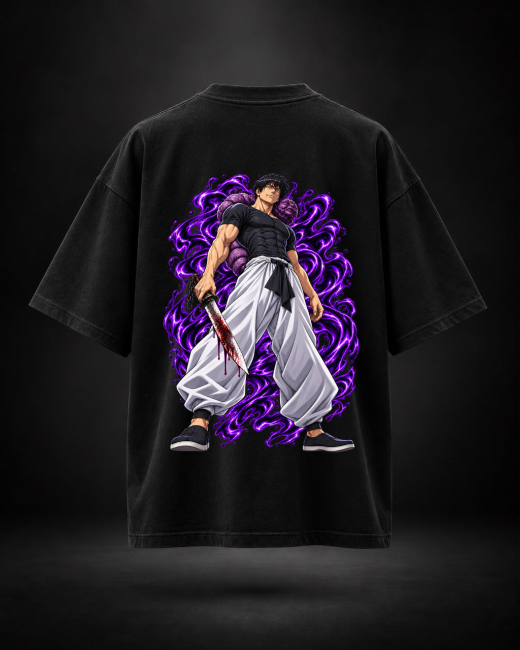 Trendy Fuze Toji Fushiguro oversized black T-shirt - large purple aura back graphic