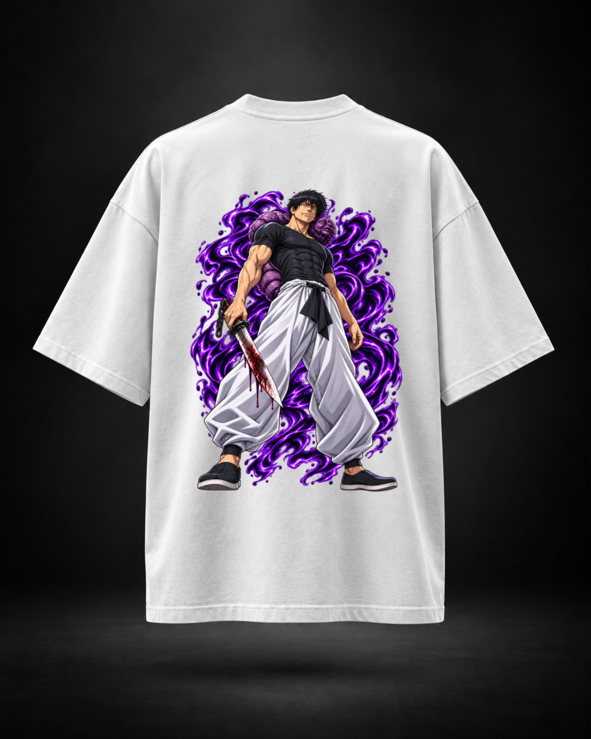 Trendy Fuze Toji Fushiguro oversized white T-shirt - large purple aura back graphic