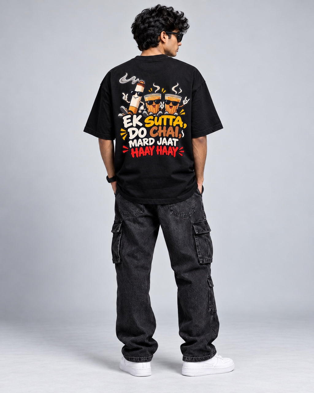 Trendy Fuze Ek Sutta Do Chai oversized black T-shirt back model view