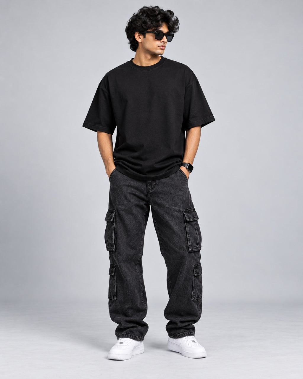 Trendy Fuze black oversized T-shirt front model view