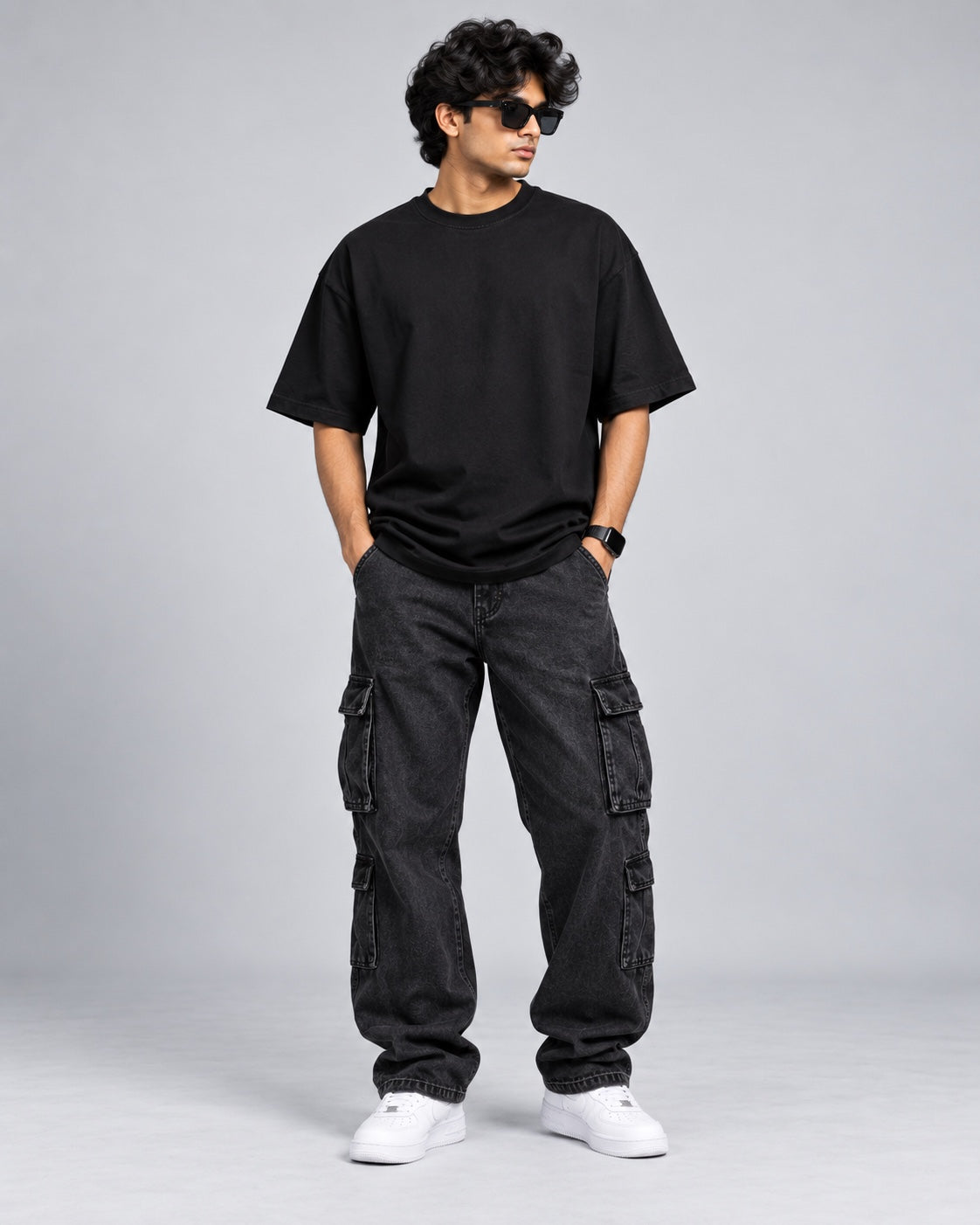 Trendy Fuze black oversized T-shirt front model view