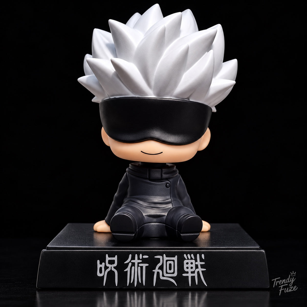 Satoru Gojo Jujutsu Kaisen seated chibi bobblehead figure with white spiky hair black blindfold black outfit and black Jujutsu Kaisen display base