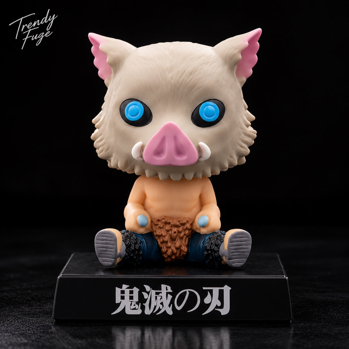 Inosuke Hashibira Demon Slayer sitting anime bobblehead figure with boar mask blue eyes and black display base