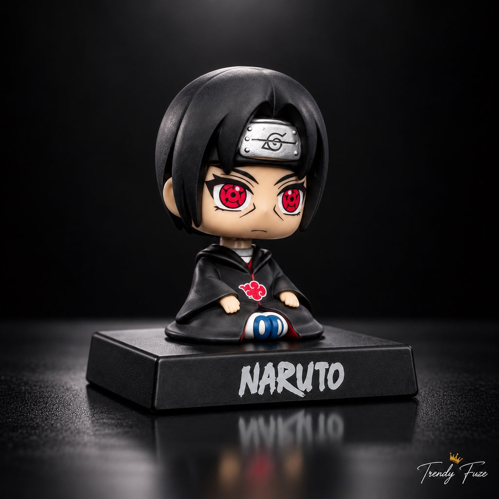 Itachi Uchiha Naruto Shippuden bobblehead sitting in Akatsuki robe with Sharingan eyes and Hidden Leaf headband, angled view