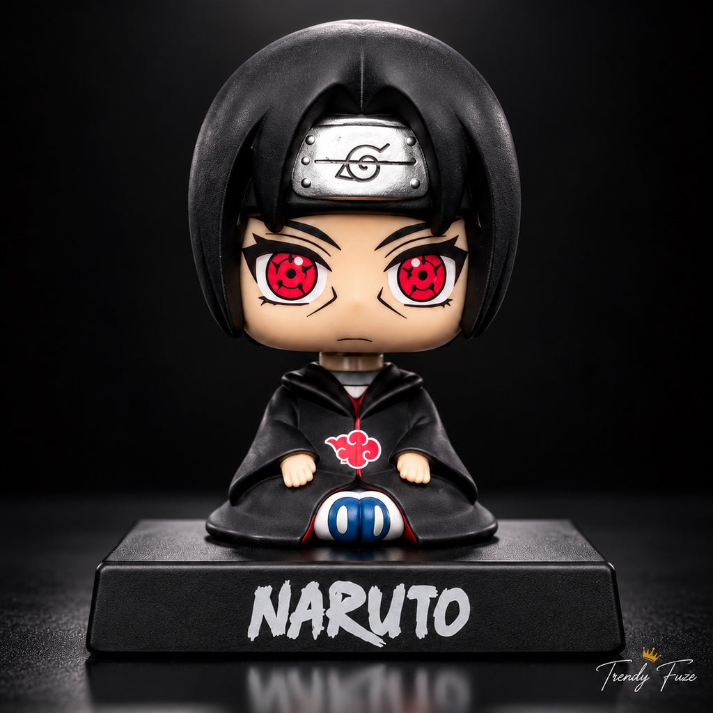Itachi Uchiha anime collectible closeup showing Sharingan eyes, black hair, Akatsuki red cloud and Naruto stand