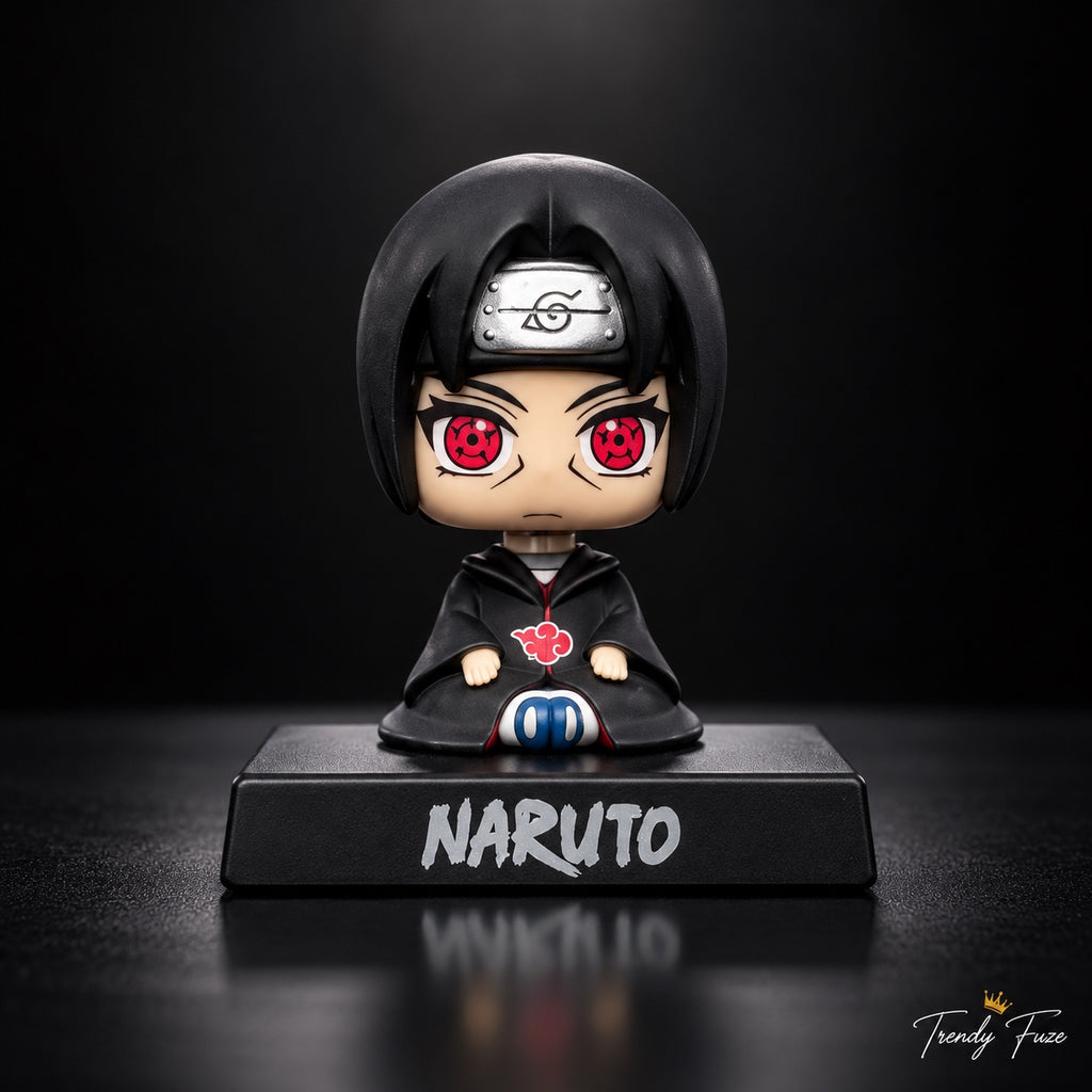Itachi Uchiha sitting anime bobblehead figure in black Akatsuki cloak with red Sharingan eyes and Naruto display base, front view