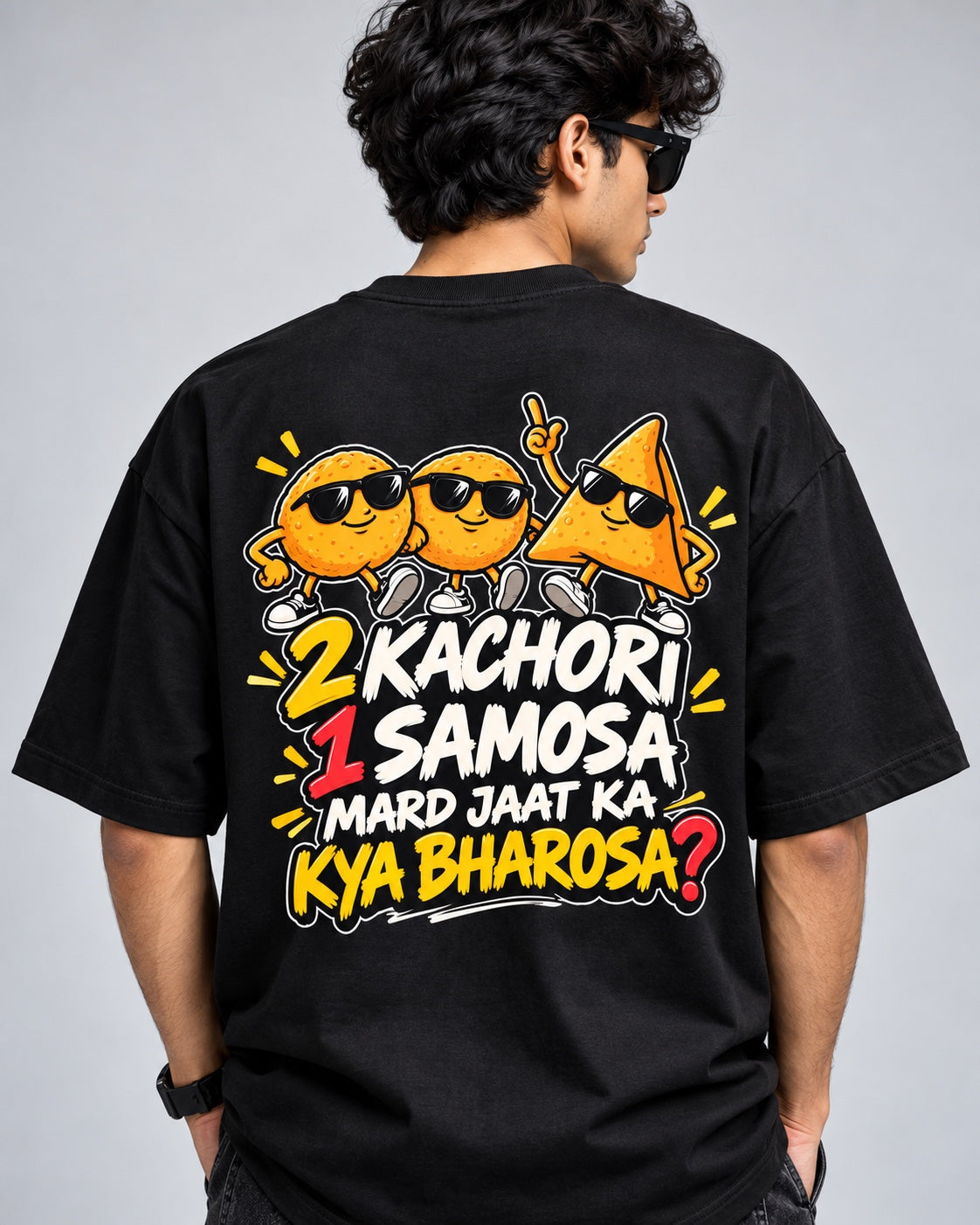 Trendy Fuze Kachori Samosa oversized T-shirt back print close-up