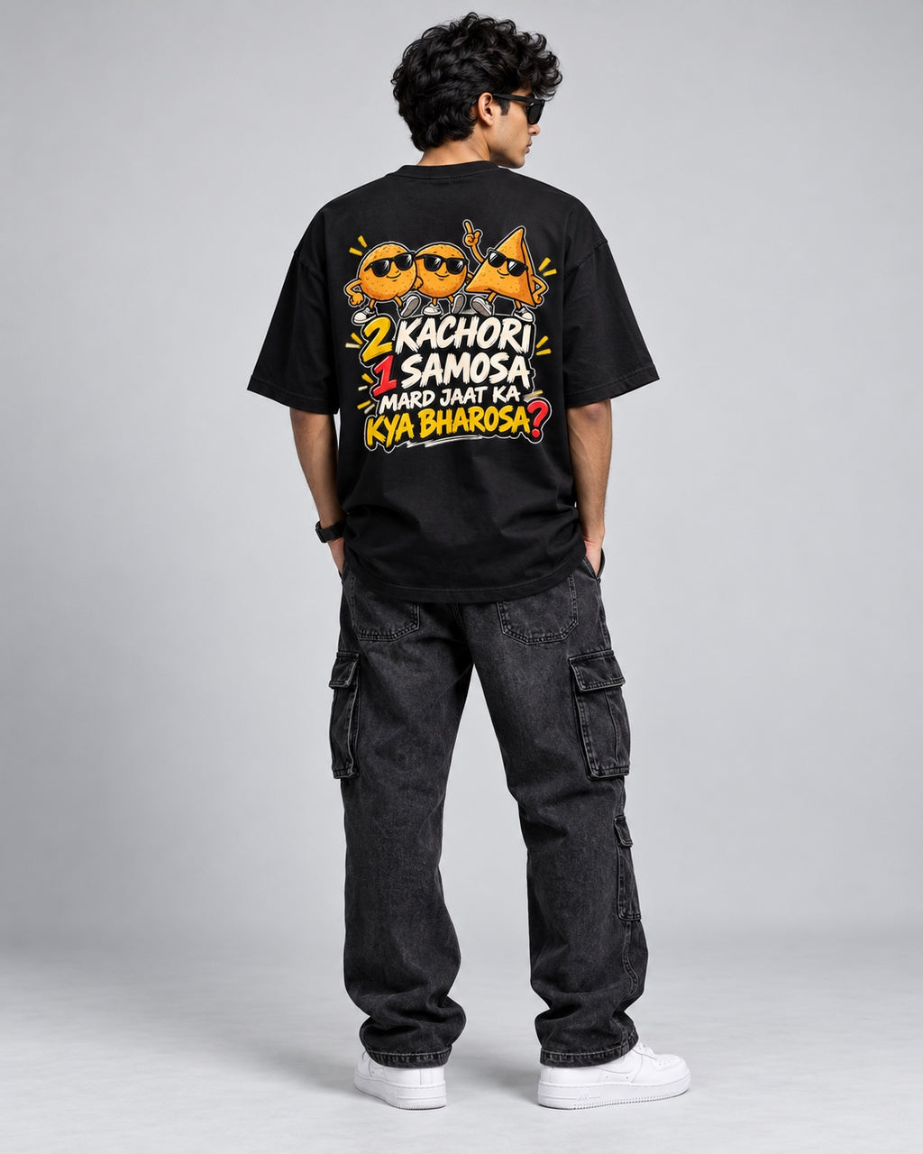 Trendy Fuze black oversized T-shirt with Kachori Samosa back print - full back model view