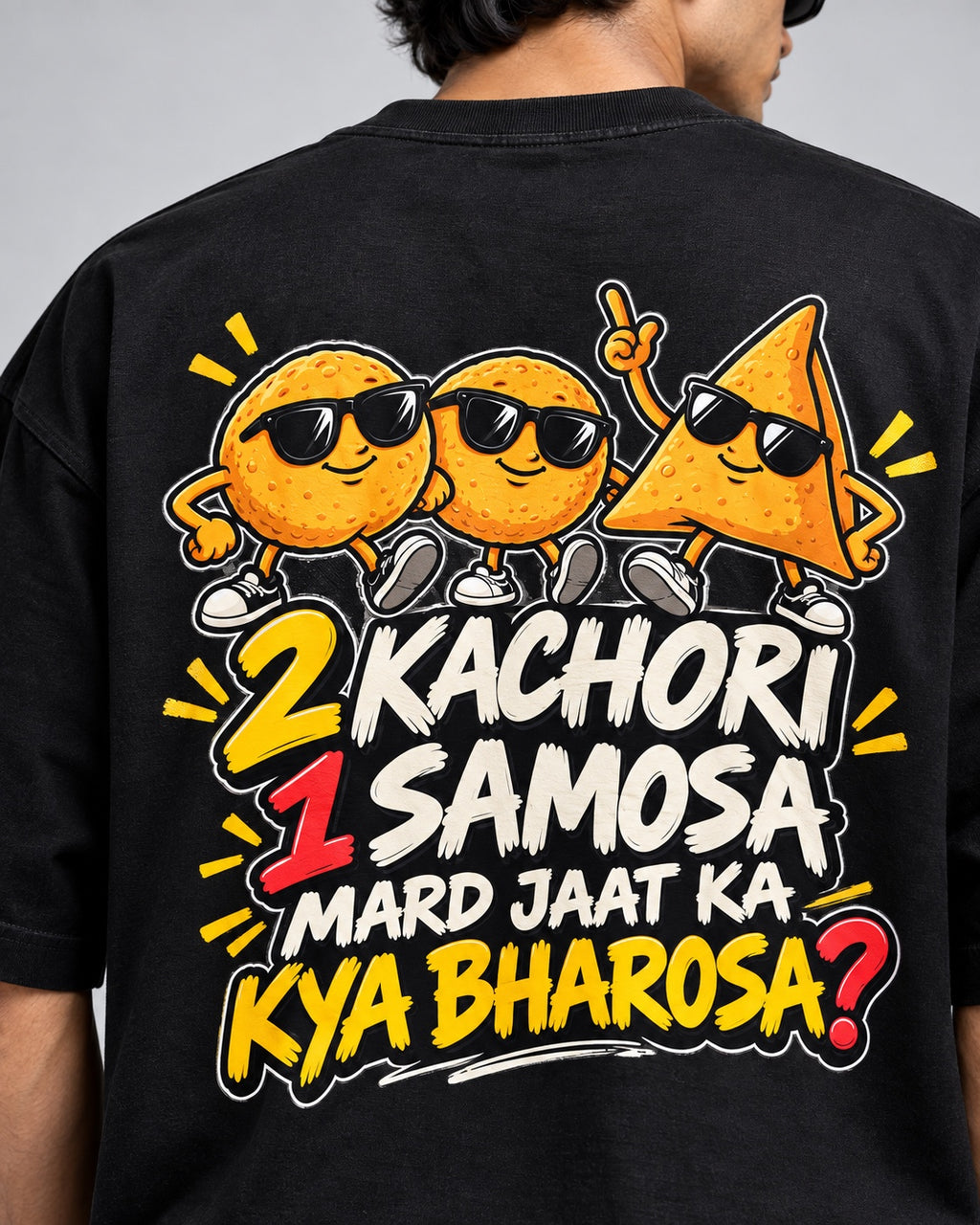 Kachori Samosa graphic print detail on black oversized T-shirt