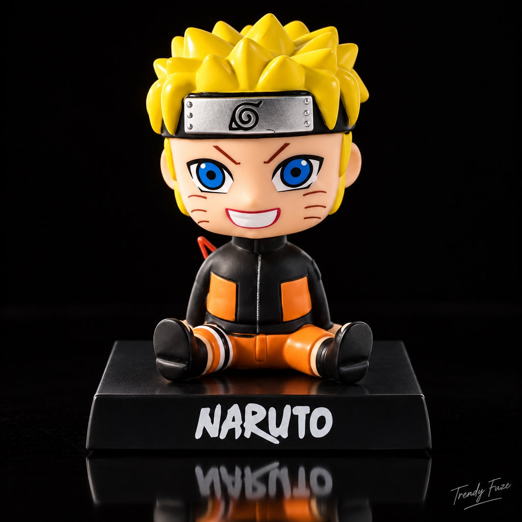 Naruto Uzumaki sitting bobblehead figure front view with yellow hair, blue eyes, orange outfit and Naruto base