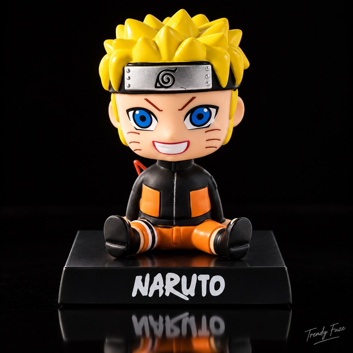 Naruto Uzumaki sitting bobblehead figure front view with yellow hair, blue eyes, orange outfit and Naruto base