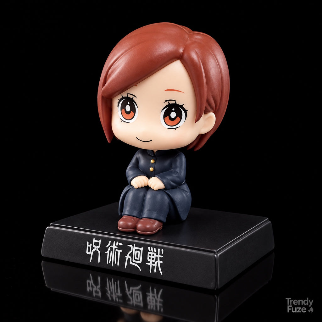 Nobara Kugisaki Jujutsu Kaisen chibi sitting figure from three-quarter angle on black Japanese-lettered display stand