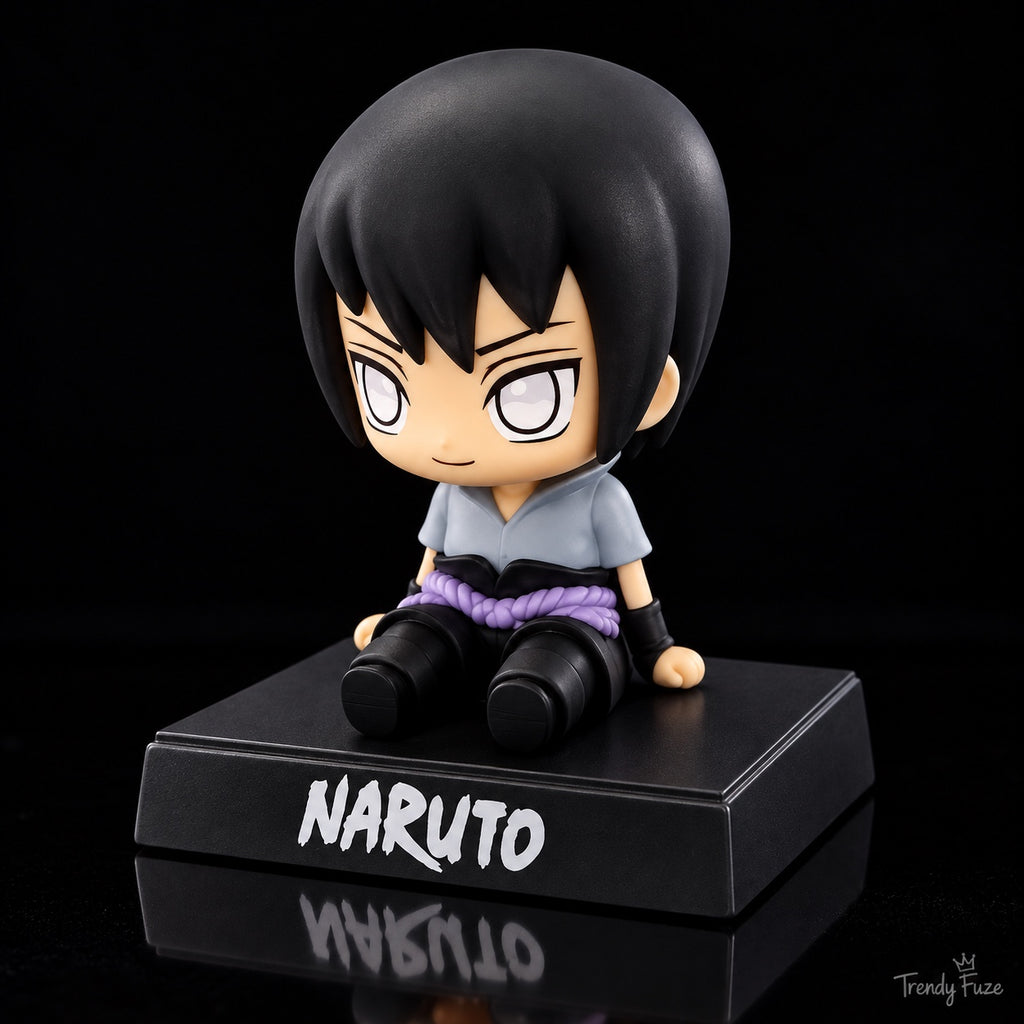 Sasuke Uchiha sitting chibi bobblehead angled side view wearing grey shirt black pants purple rope belt on Naruto logo base