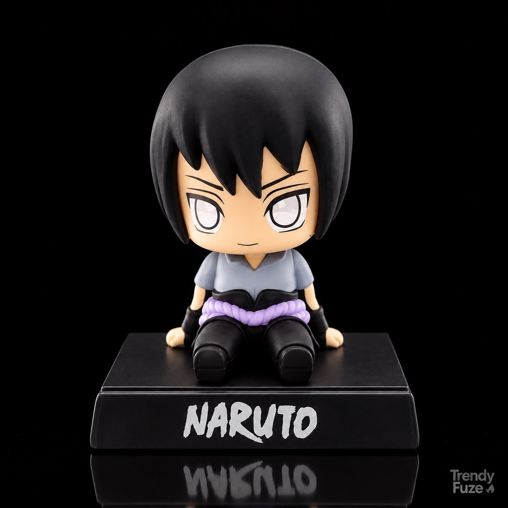 Sasuke Uchiha Naruto Shippuden sitting anime bobblehead front view with black hair grey top purple rope belt and Naruto display base