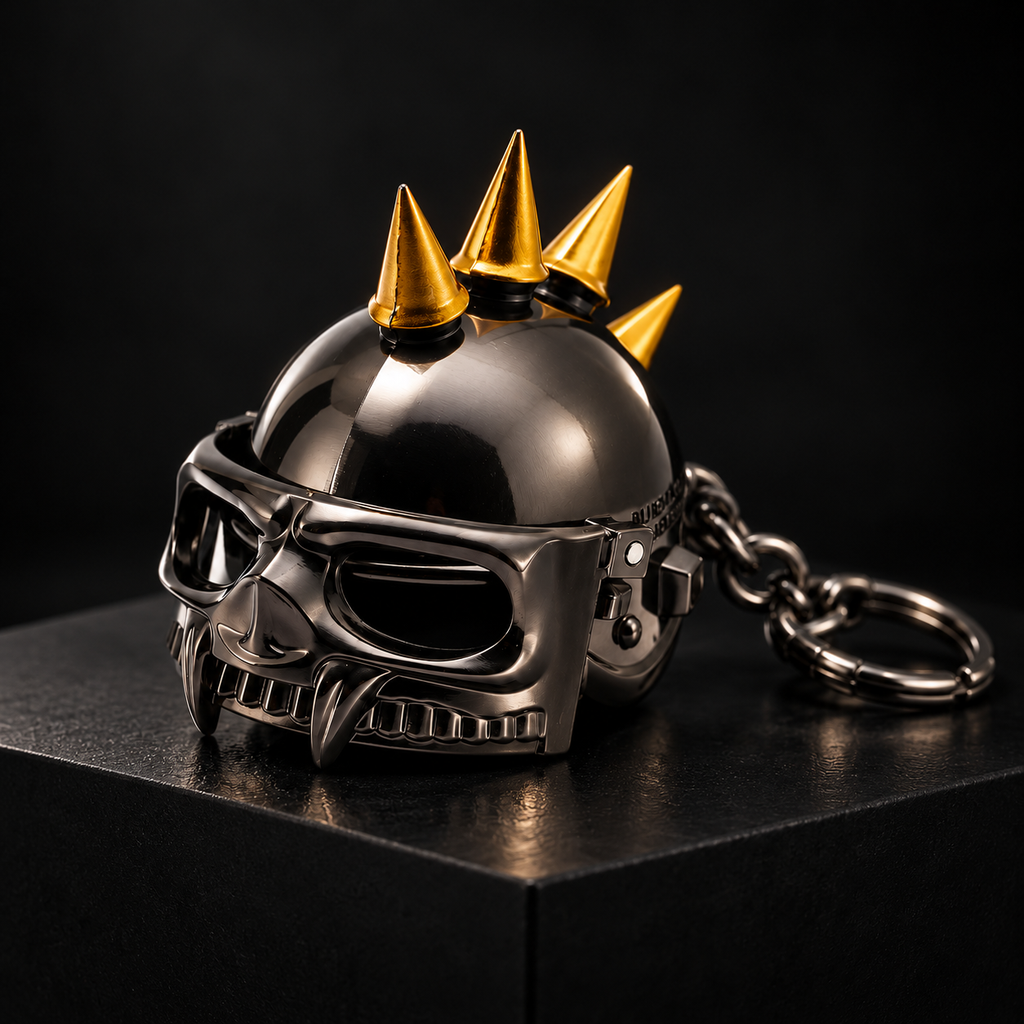 Imported spiked skull helmet metal keychain on black pedestal