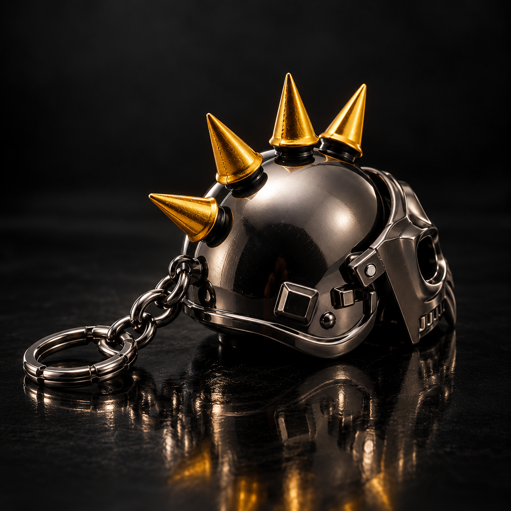 Imported spiked skull helmet metal keychain rear three-quarter view