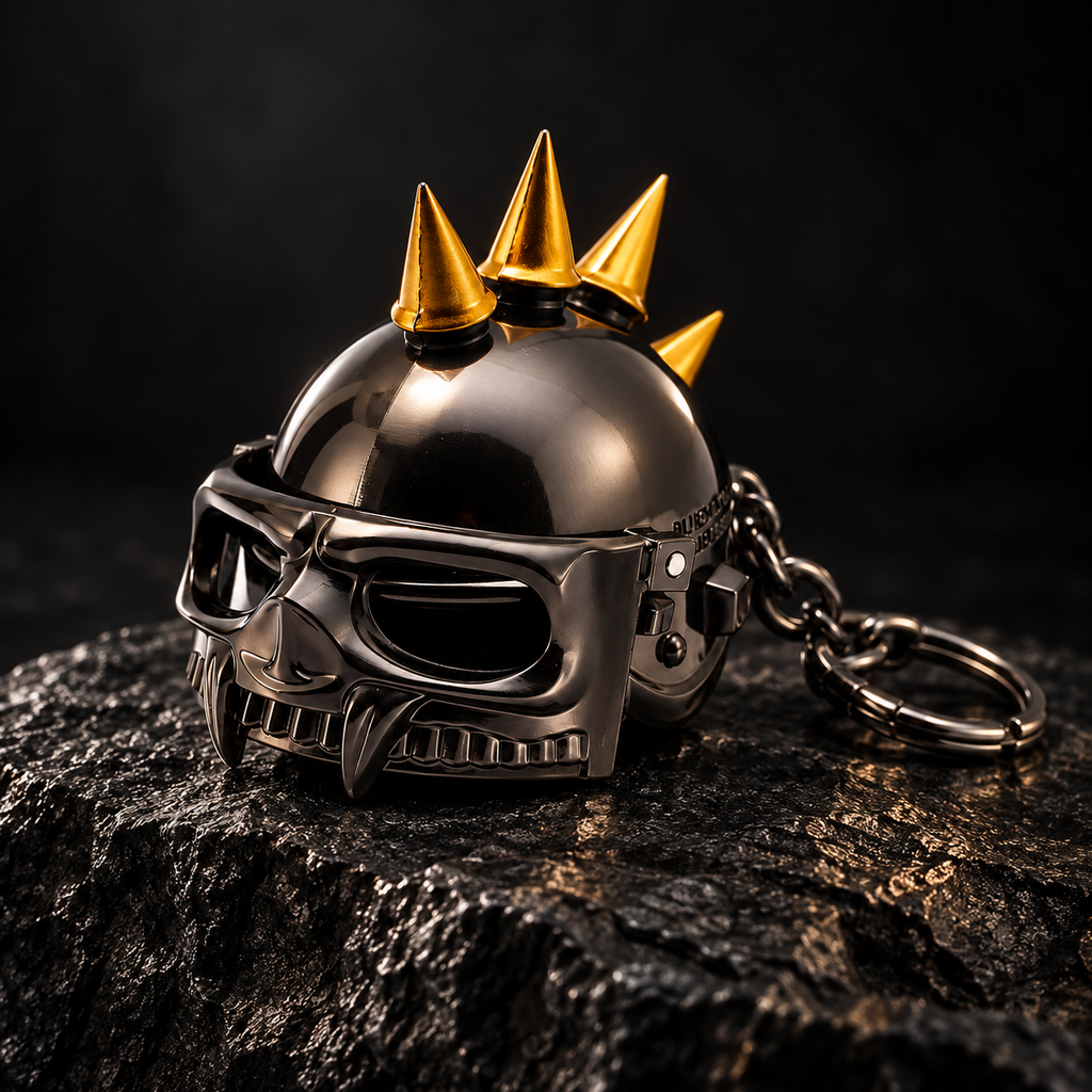 Imported spiked skull helmet metal keychain on dark textured stone