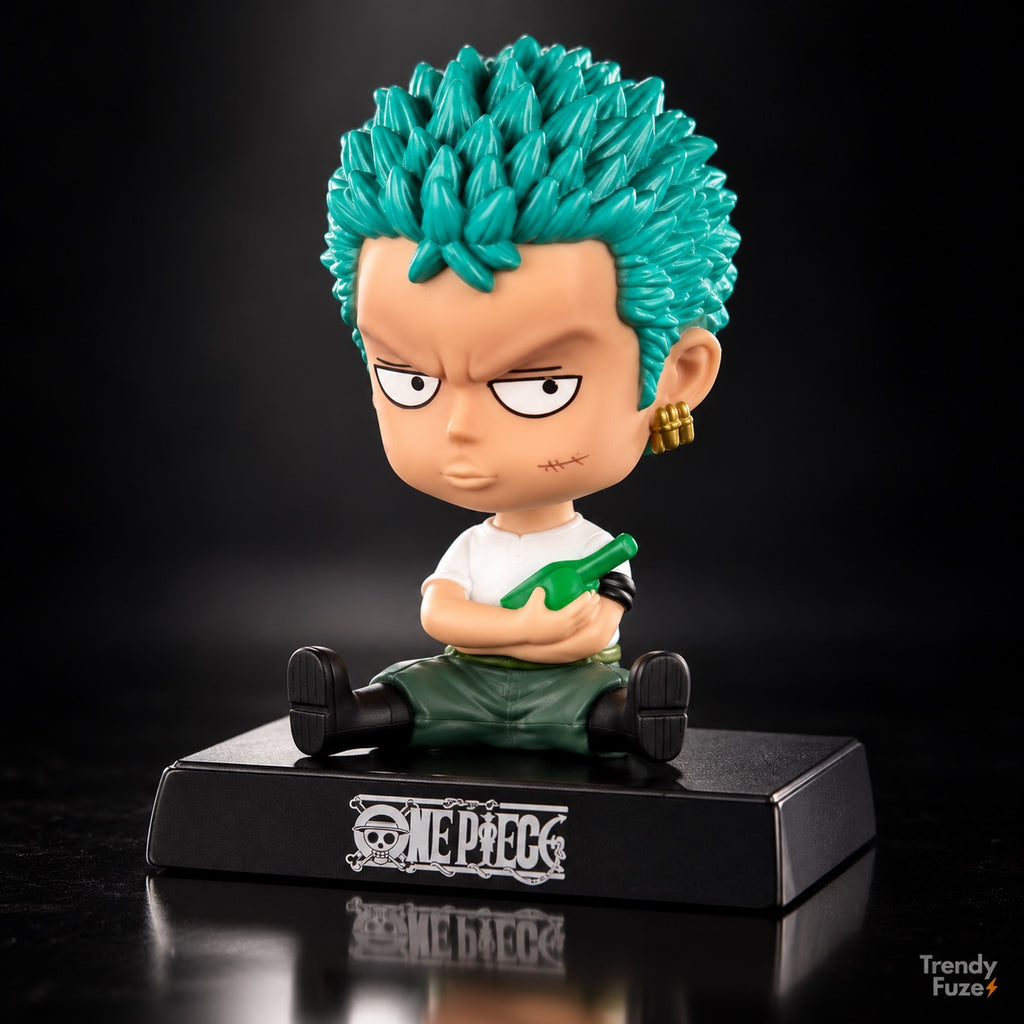 Roronoa Zoro chibi sitting bobblehead side angle showing green spiky hair gold earrings and One Piece display base
