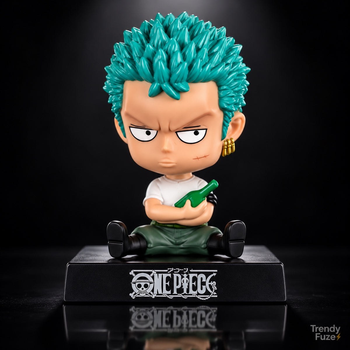Roronoa Zoro sitting One Piece anime bobblehead figure with green hair white shirt green pants and black display base