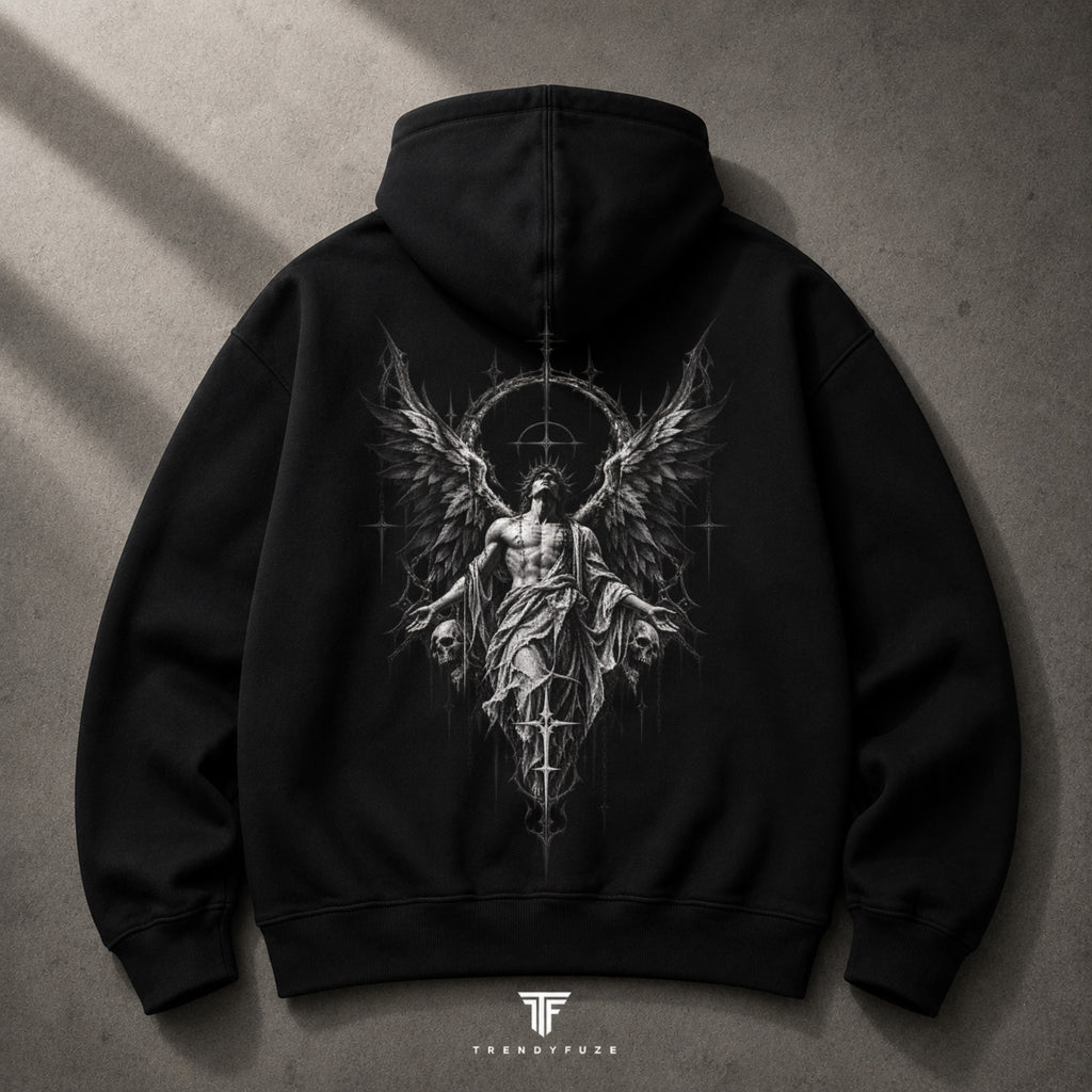 Trendy_Fuze black oversized hoodie back with winged ascension angel graphic