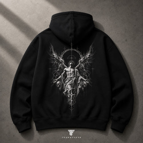 Trendy_Fuze black oversized hoodie back with winged ascension angel graphic