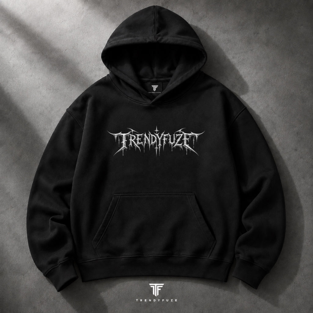 Trendy_Fuze black oversized hoodie front with gothic logo