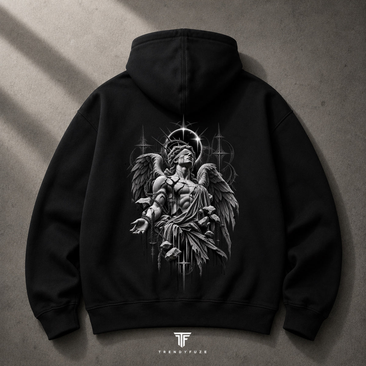 Trendy_Fuze black oversized hoodie back with chained angel halo graphic