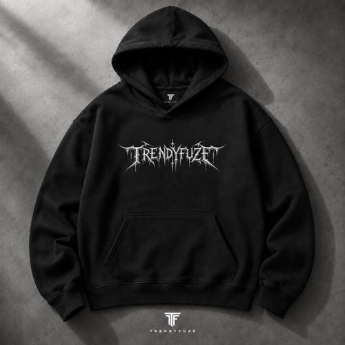 Trendy_Fuze black oversized hoodie front with gothic logo