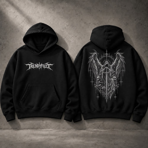 Trendy_Fuze black oversized hoodie with gothic winged dark angel back graphic