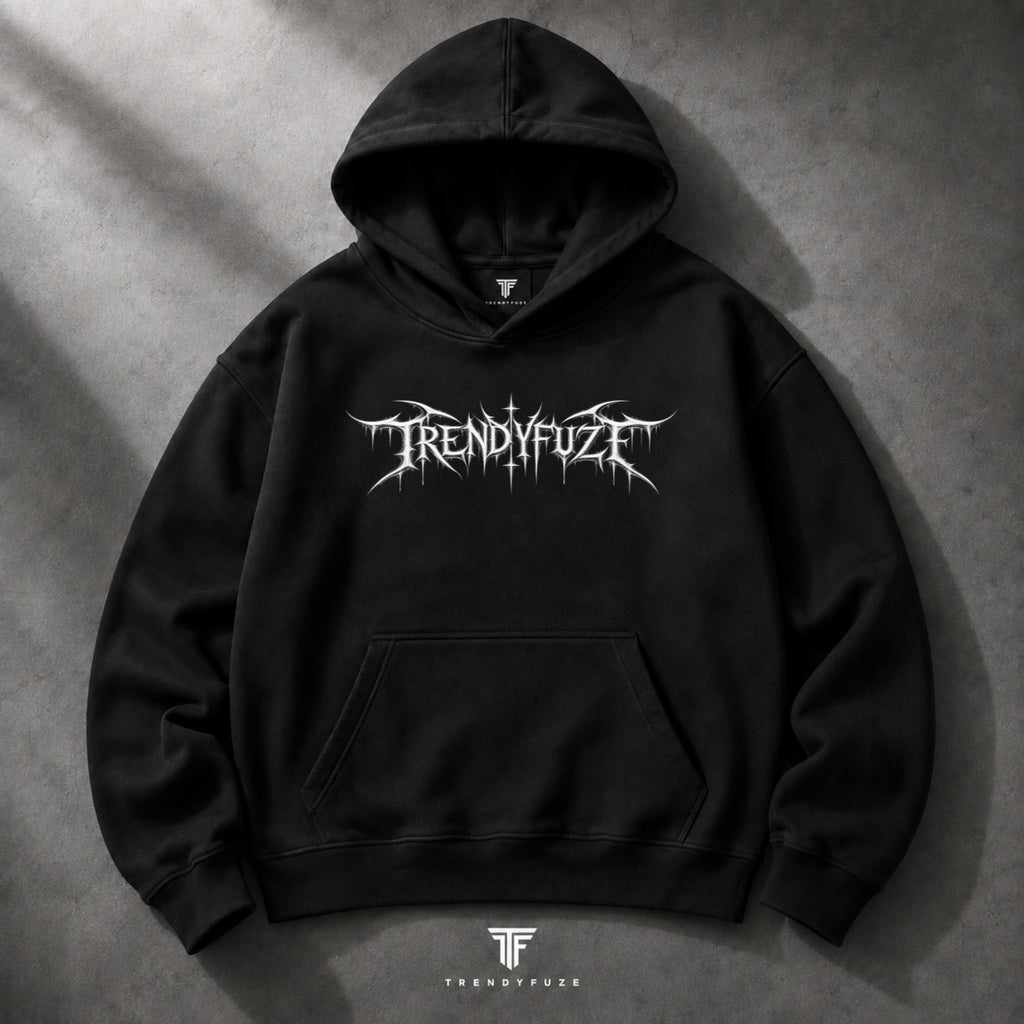 Trendy_Fuze black oversized hoodie front with gothic logo