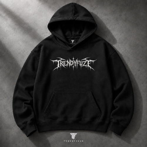 Trendy_Fuze black oversized hoodie front with gothic logo