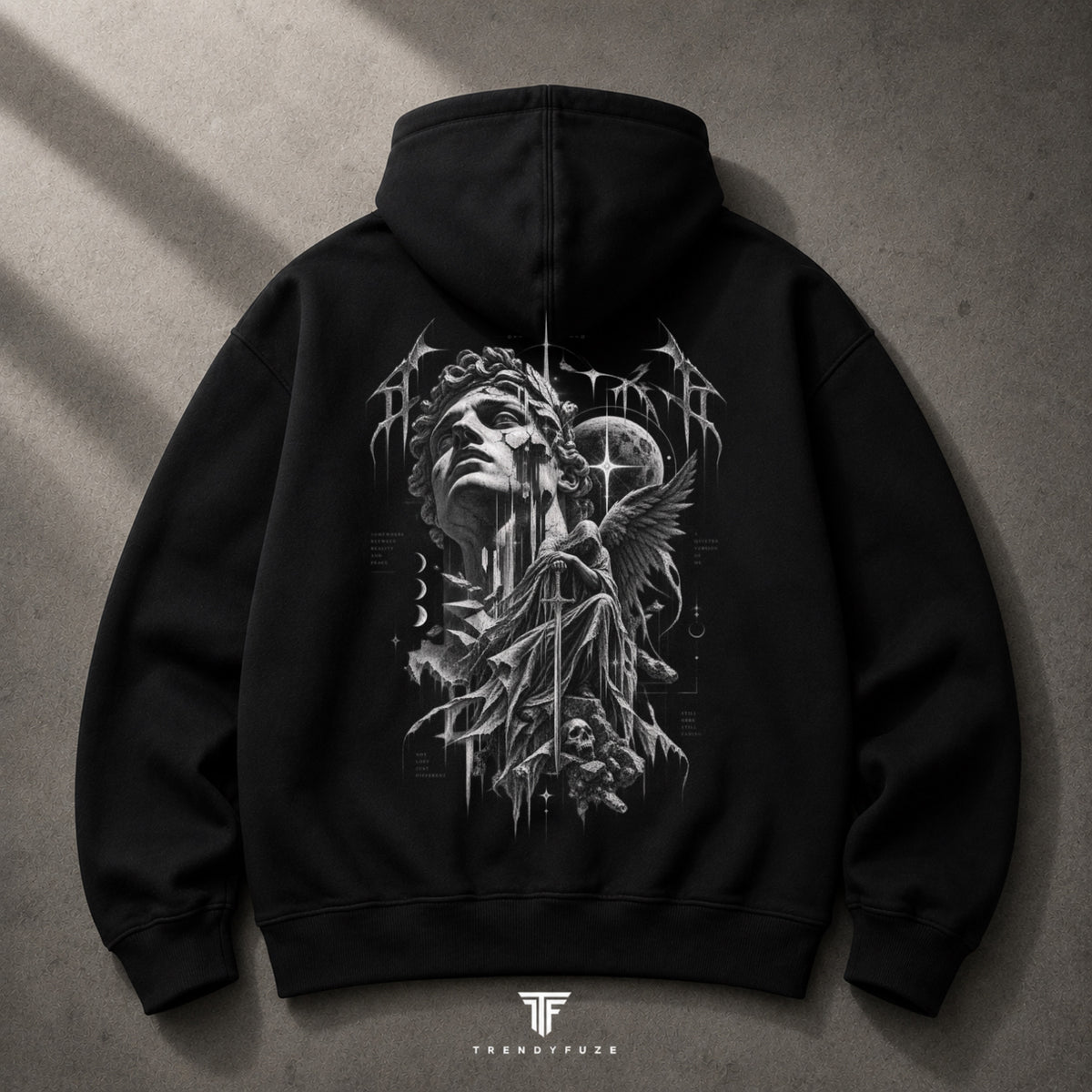 Trendy_Fuze black oversized hoodie back with fallen angel gothic graphic