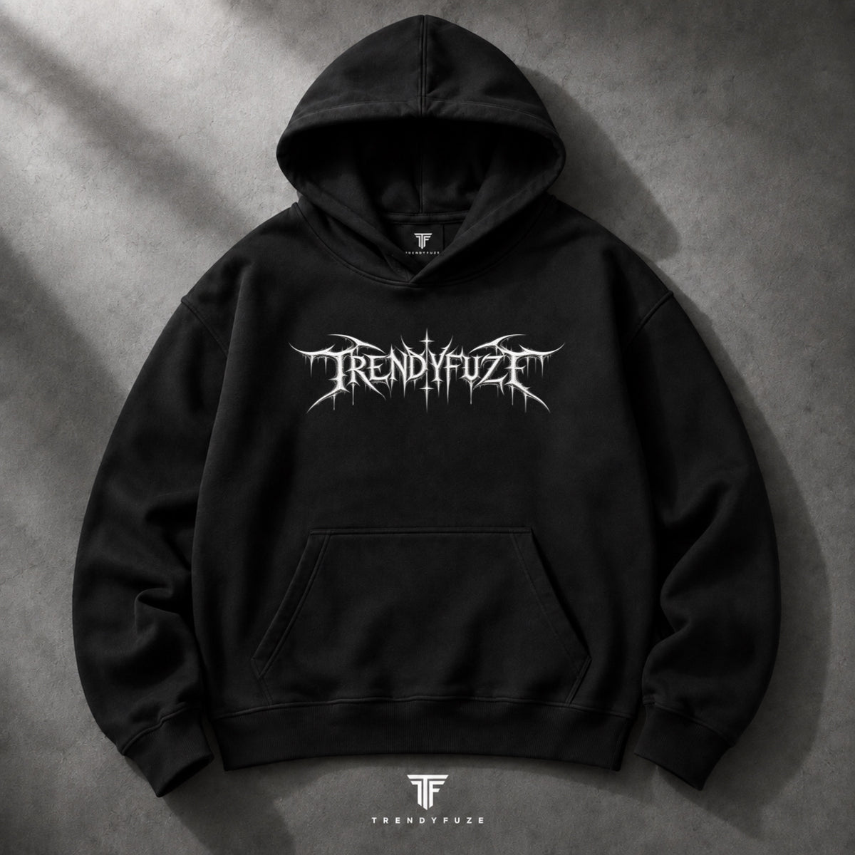 Trendy_Fuze black oversized hoodie front with gothic logo