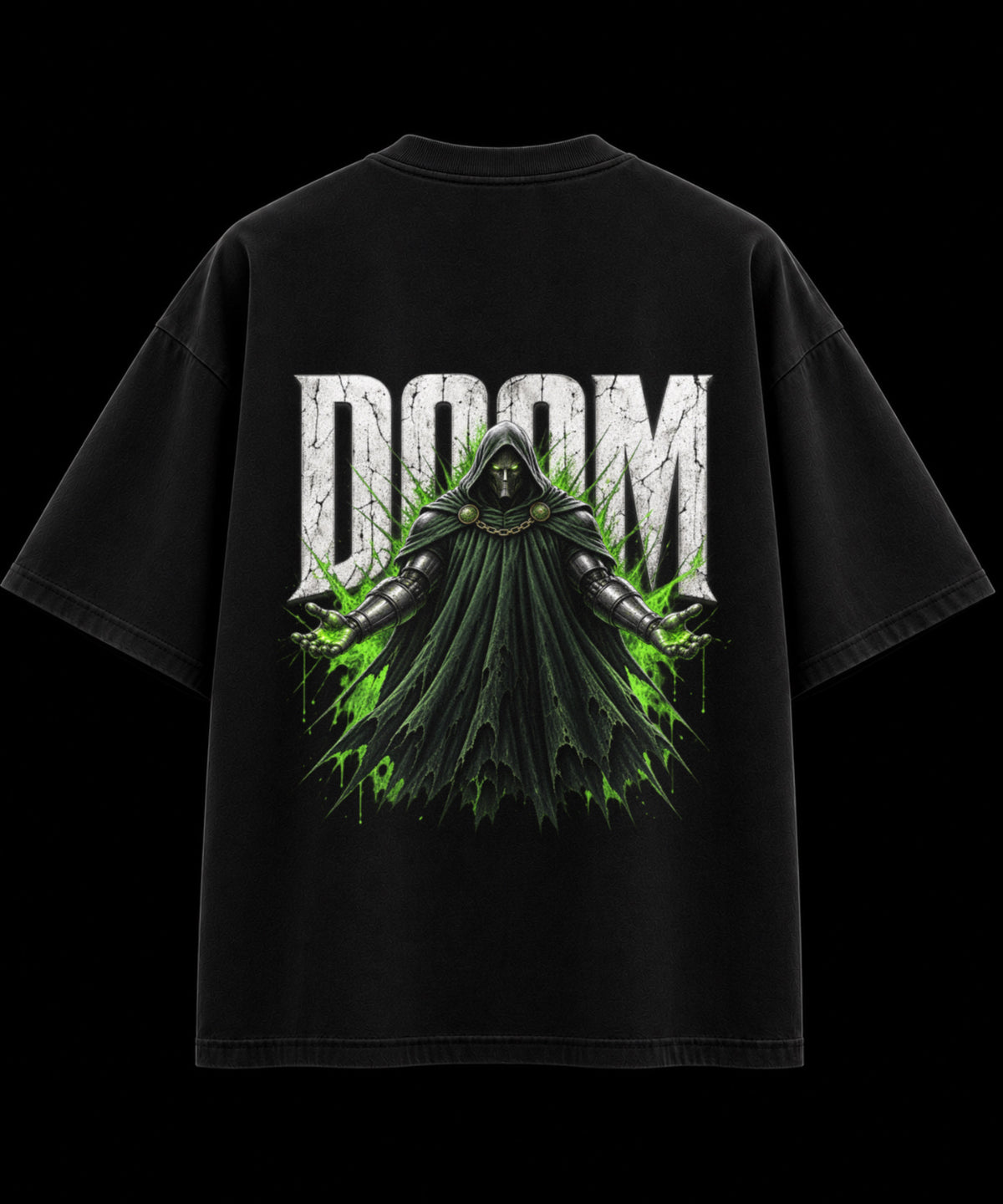 Back graphic on TrendyFuze black oversized T-shirt with hooded figure and DOOM lettering