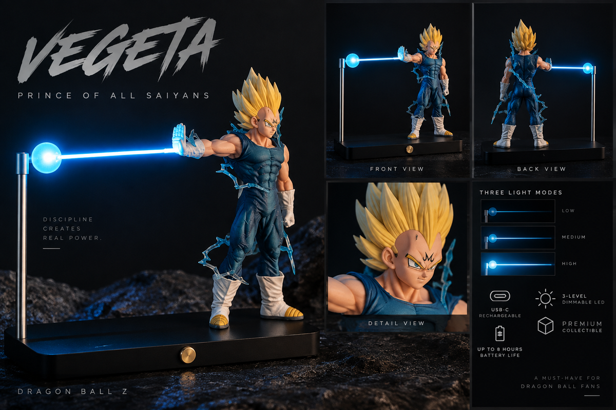 Vegeta inspired LED night light feature collage with front and back views