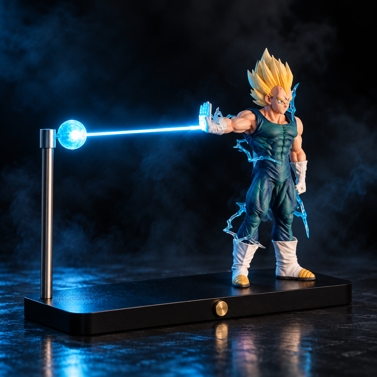 Vegeta inspired magnetic LED night light figure with blue energy beam on dark background