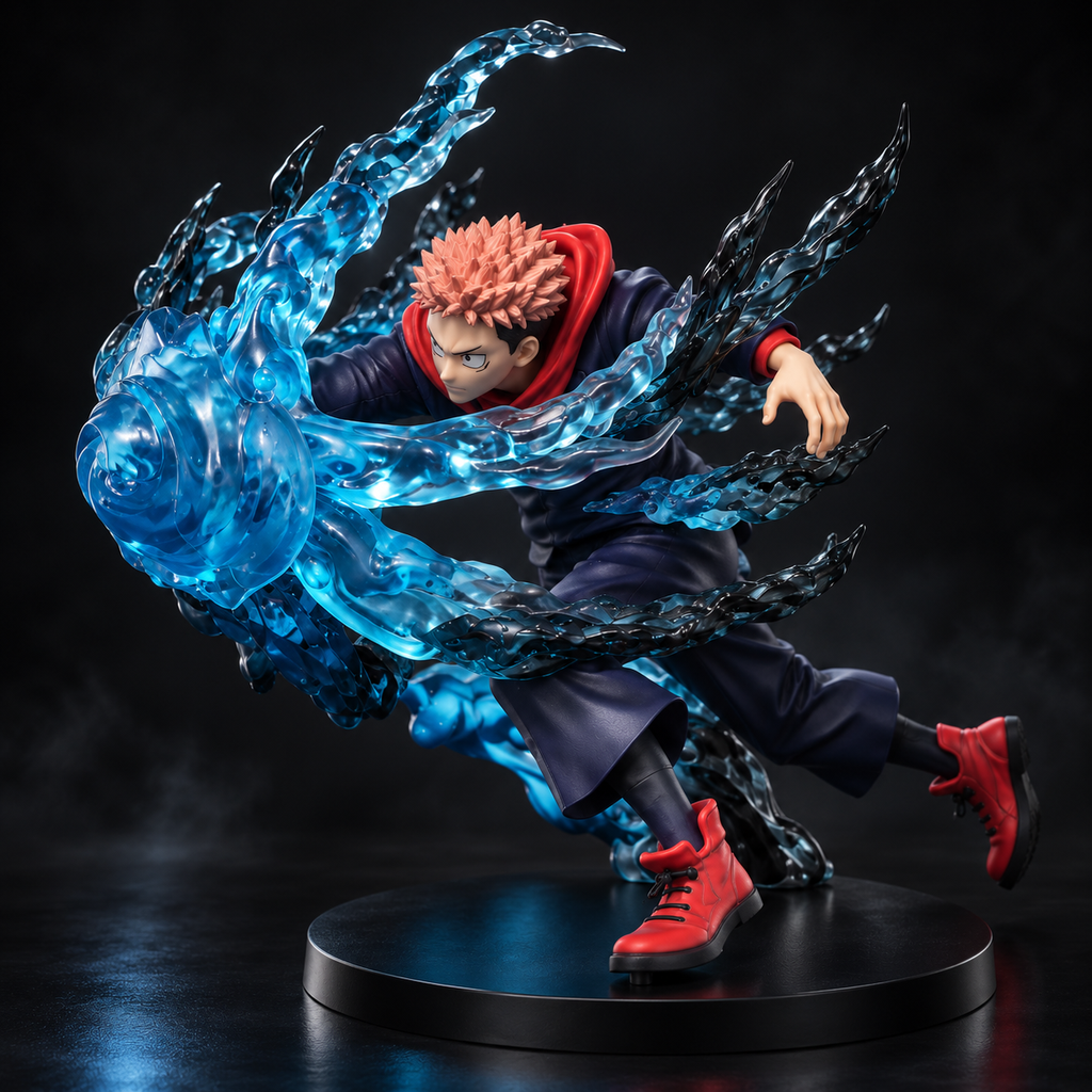 Yuji Itadori action figure side view with blue cursed energy effects