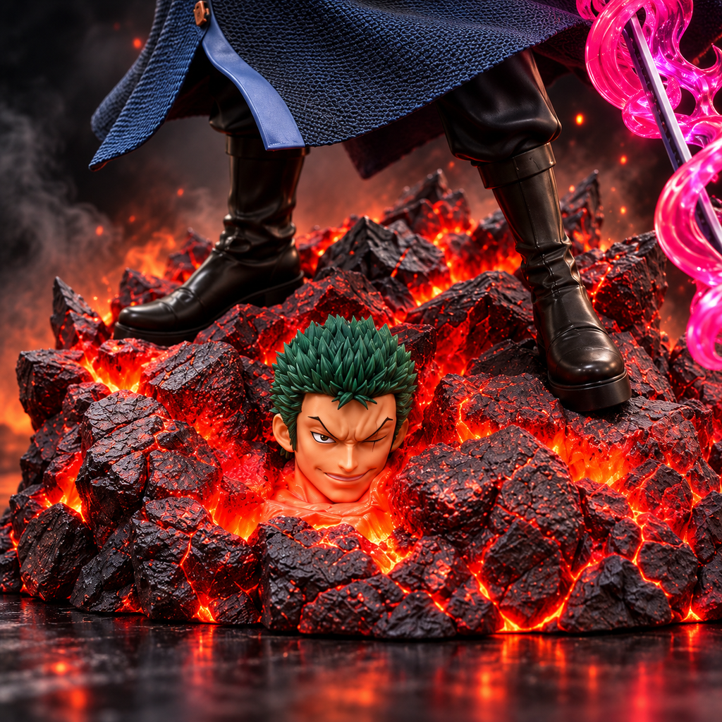 Roronoa Zoro premium statue close-up of magma-style rocky base with additional sculpted Zoro head detail