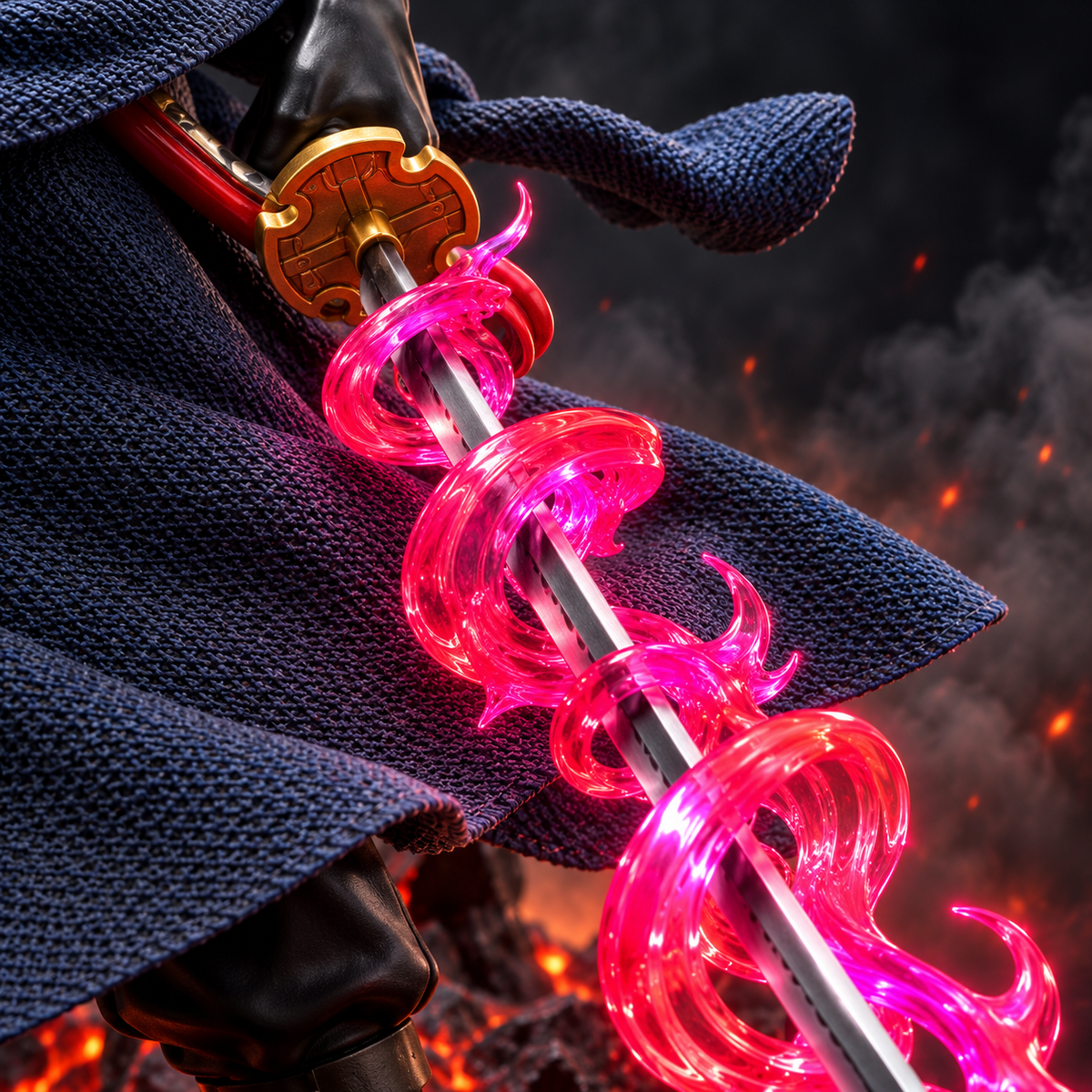 Roronoa Zoro premium statue Enma sword detail with translucent pink magenta aura effect