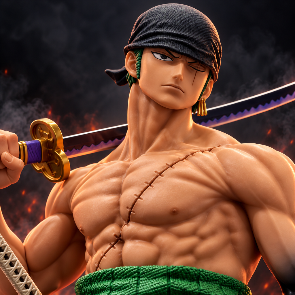 Roronoa Zoro premium statue close-up showing black bandana, facial sculpt, scar and sword detailing