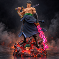 Roronoa Zoro 72 cm premium One Piece statue front view with swords, pink aura effect and volcanic base