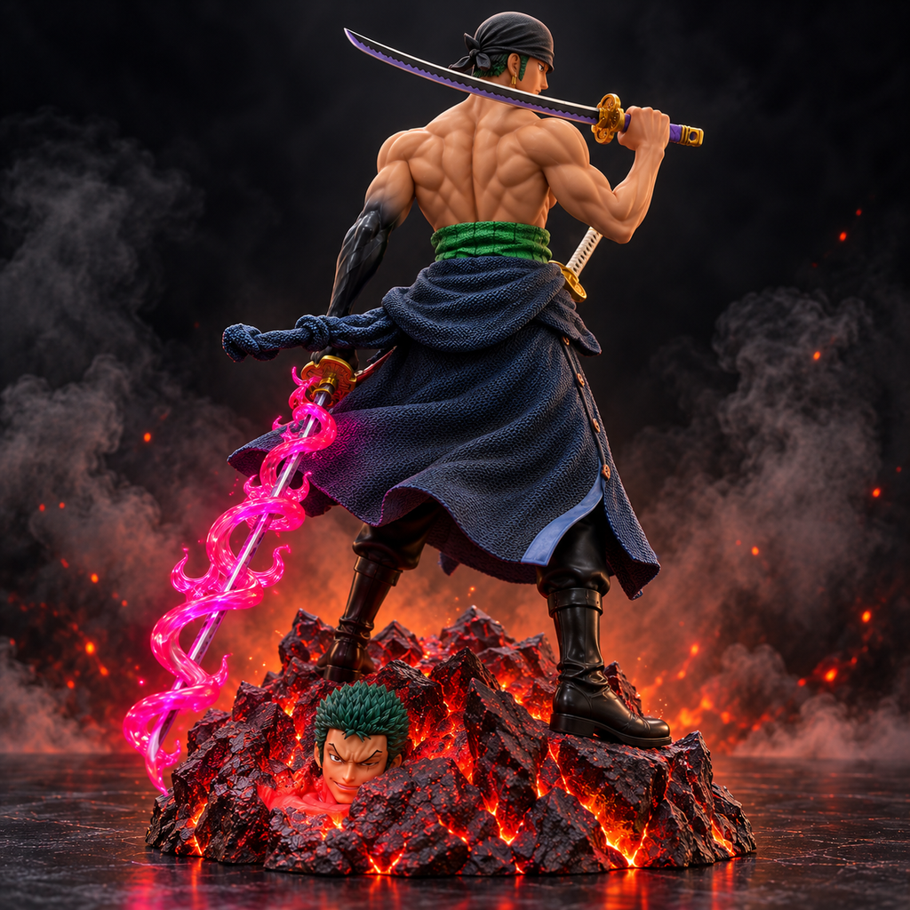 Roronoa Zoro 72 cm premium One Piece statue rear view showing sword setup, green sash and volcanic base
